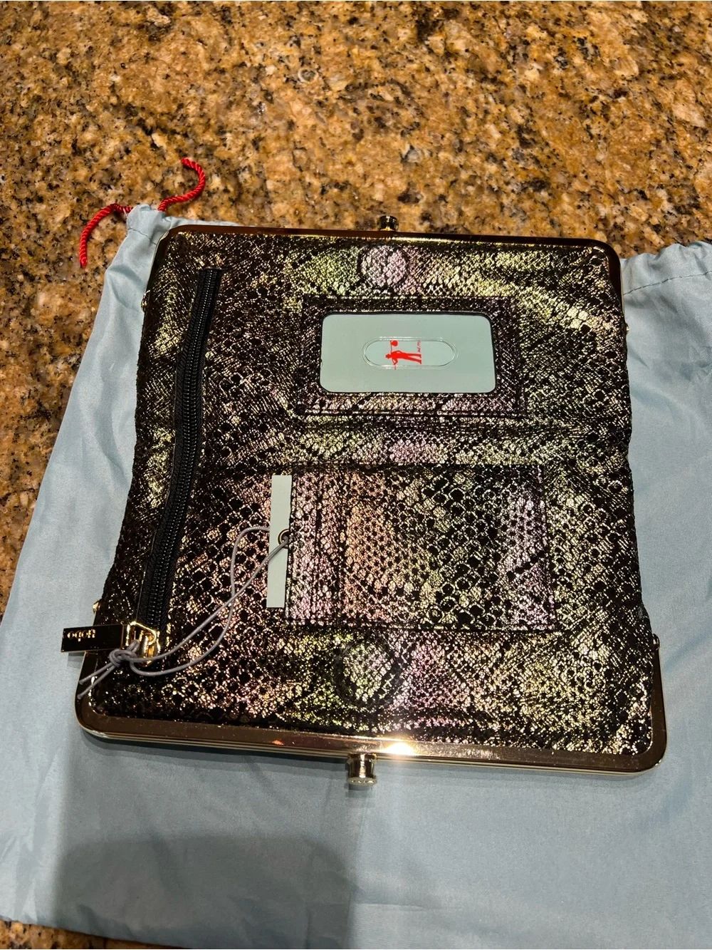 HOBO Iridescent Snake-Embossed Clutch in Brown and Black